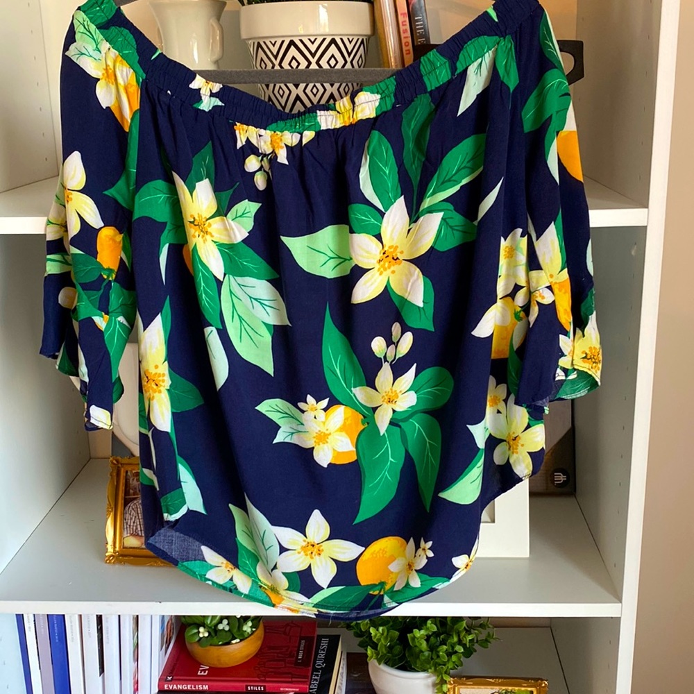 Off-the-shoulder Floral Top - Navy, White, Yellow, Green…